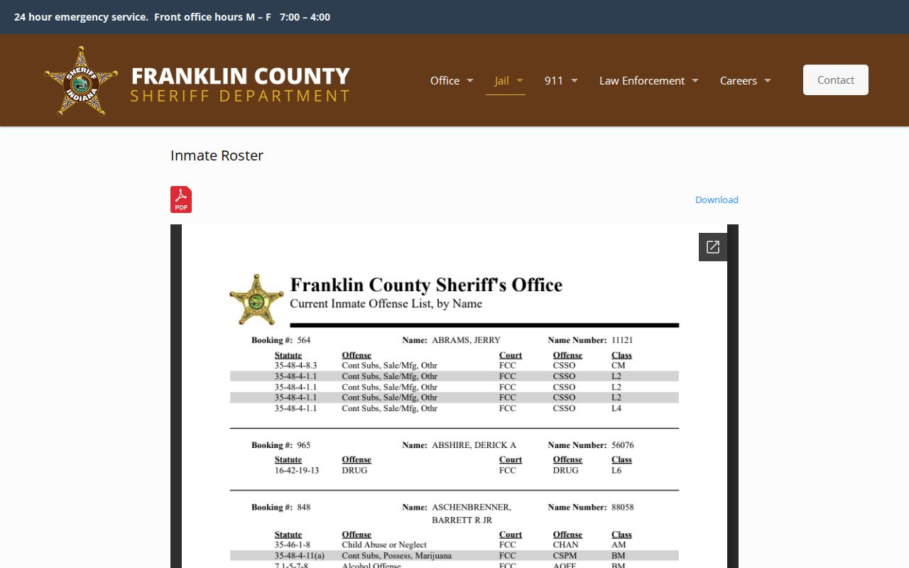 Official Franklin County current inmate roster page
