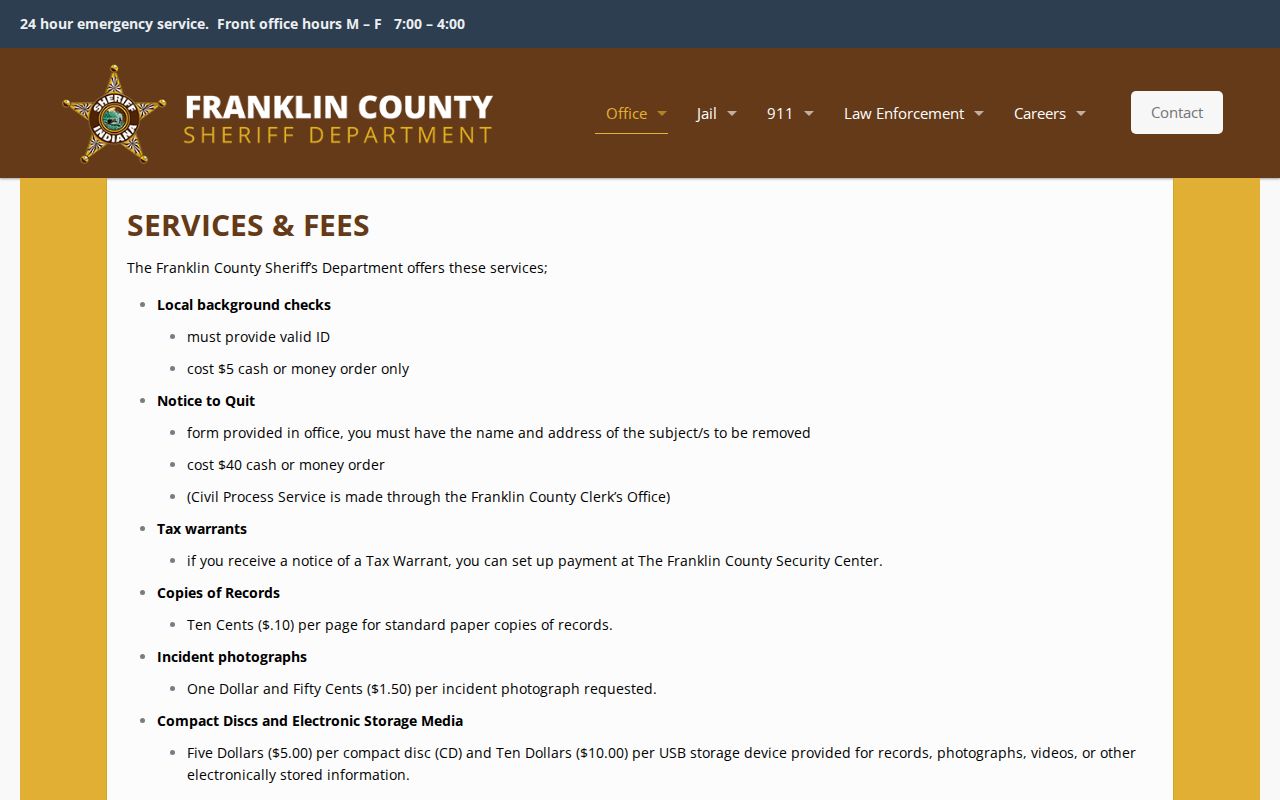 Franklin County Sheriff records services and fees