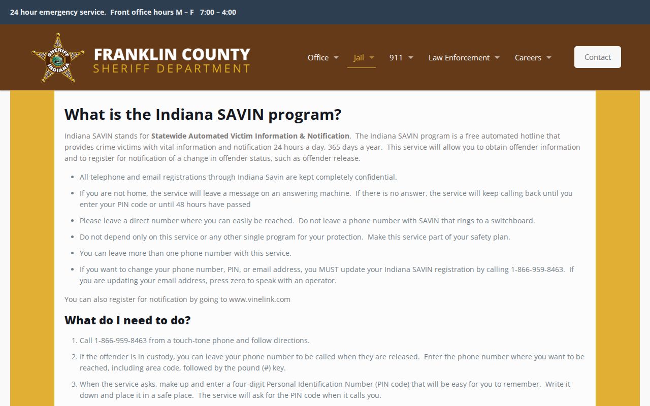 Franklin County SAVIN custody alert instructions
