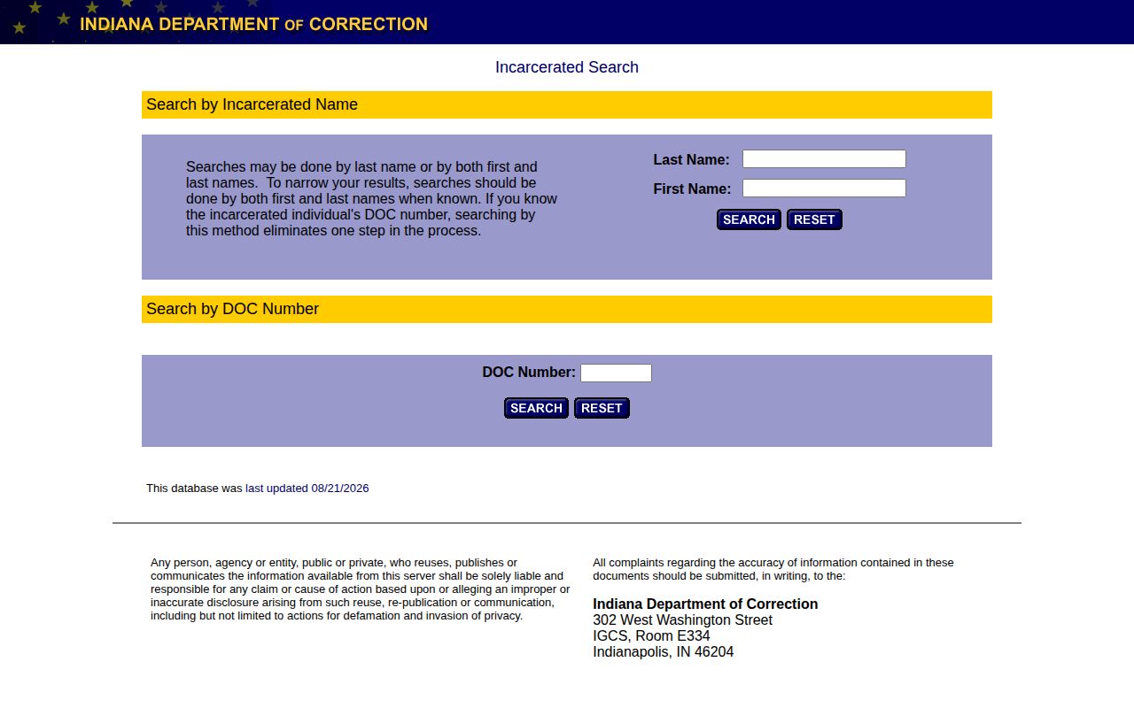 Indiana DOC offender search form