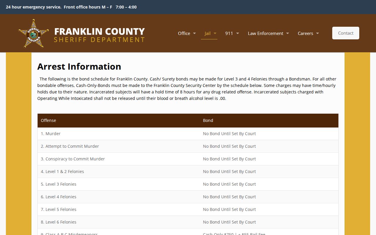 Franklin County arrests bonds and release holds